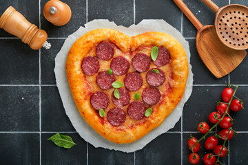 Valentines day heart shaped pizza with mozzarella, pepperoni and basil, wine bottle, two wineglass, gift box on black background. Idea for romantic dinner Valentines day. Top view. Mock up.