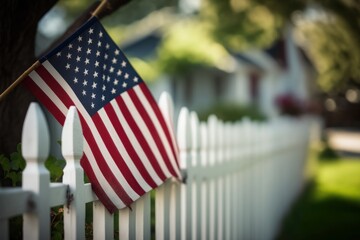 Generative Ai of  American flag on white picket fence