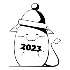 cute cat in a hat holds 2023 in its paws as a sign of the year of the cat