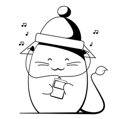 cute cat in a hat listens to music and smiles cutely, vector graphics