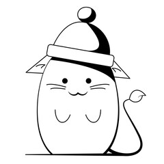 cute cat in winter hat ,contour drawing, vector illustration