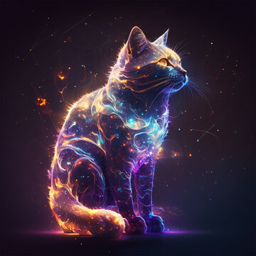 Glowing cosmic cat in dark