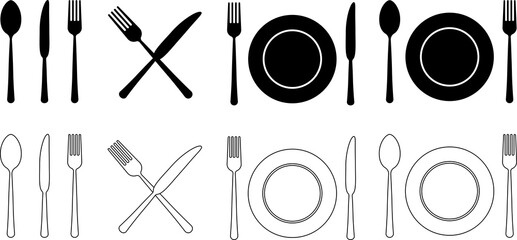 Cutlery silhouettes. Fork, knife, spoon and plate set icons. Vector utensil illustration restaurant...