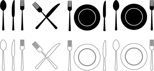 Cutlery silhouettes. Fork, knife, spoon and plate set icons. Vector utensil illustration restaurant symbols. Tableware set flat style. PNG image