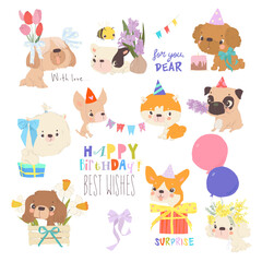 Dog Birthday Party. Puppies of Different Breeds at the Party