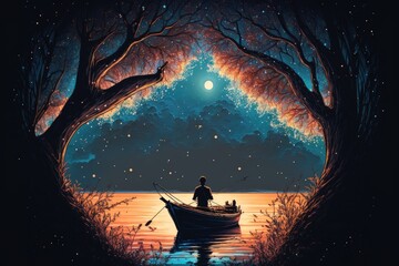 Illustration artwork of a man on a boat in deep space, gazing at a bright tree with stars in a digital art style. Generative AI