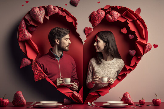 couple dating, valentines day, hearts in the corner of the image, generative Ai