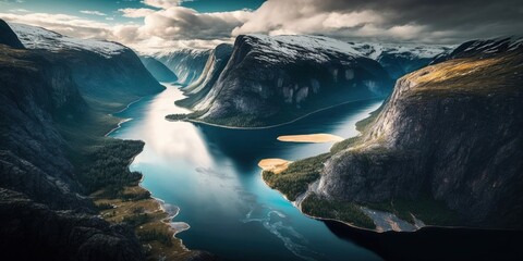 Fototapeta na wymiar Norway aerial landscape with fjord and mountains Beautiful scenery in Scandinavian natural landmarks Naeroyfjord. Generative AI