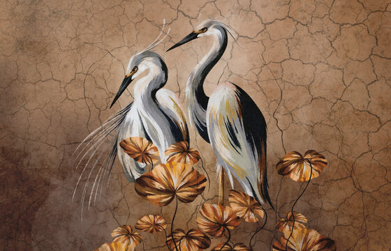 Art painted birds on a textured background in beige tones, photo wallpaper