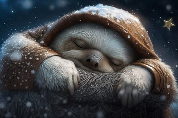 Obraz premium happy and tired snowy sloth sleeps in the evening with snowflakes