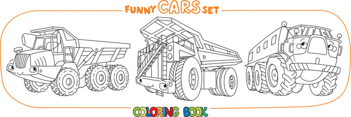 Naklejka premium Funny cars with eyes coloring book set.