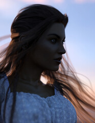 Fototapeta premium Close portrait of woman with long brown hair in wind during sunset. Side view. 3D render.
