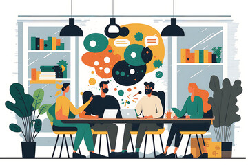 Flat vector illustration Successful business team working on a project in an advertising agency, discussing different ideas during a meeting  