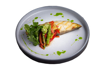 Loin cod and asparagus in a plate. Transparent.