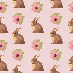 Cute seamless Easter pattern with easter bunny and flowers.