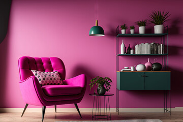 Interior of contemporary living room with wooden flooring and a fuchsia wall. Wall space for copies. Fur carpet, floor light, coffee table with vase and books, pink leather couch and armchair - obrazy, fototapety, plakaty