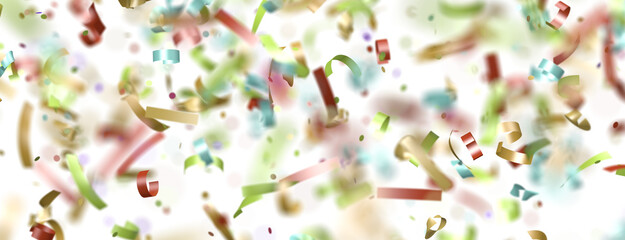 Multicolored paper confetti on transparent background. Realistic confetti flying. Colorful scattered items to holiday decorations.