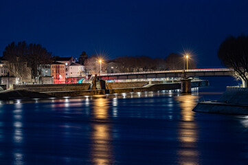 Arles, Provence, France, 1 1 2023 - View over the bridge and old town during the blue hour