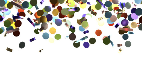 Multicolored paper confetti on transparent background. Realistic confetti flying. Colorful scattered items to holiday decorations.