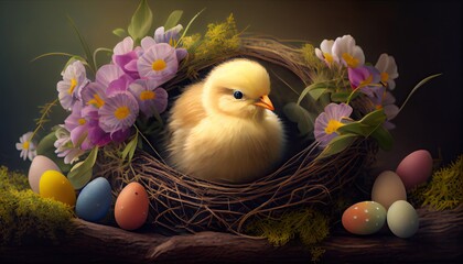 a easter setting with a chick, Generative AI