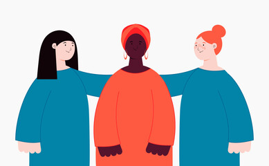 Diverse beautiful modern women, girls group, hugging. Flat style vector illustration. Female cartoon characters. Design element for 8 March, Womens Day card, banner, poster. Feminism, equality concept