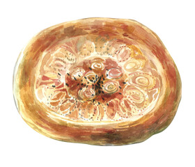 Uzbek flatbread. Watercolor illustration on a white background