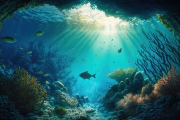 Underwater in the ocean, sunlight illuminates the coral reef and water surface. Generative AI