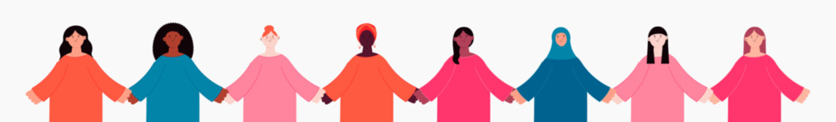 Diverse beautiful modern women, girls group, holding hands. Flat style vector illustration. Female cartoon characters. Design element for 8 March, Womens Day card, banner. Feminism, equality concept