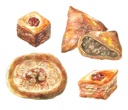 national Uzbek pastries, painted in watercolor on a white background