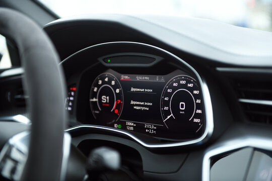 Belarus, Minsk - 24.01.2023: The speedometer of a premium car Audi RS 7 Sportback stands on a city street. Audi RS7 Sportback.