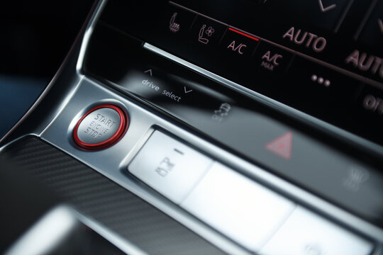 Belarus, Minsk - 24.01.2023:Premium car Audi RS 7 Sportback dashboard. Digital seat temperature control. Car air conditioner button. Automatic climate control system. 