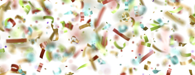 Multicolored paper confetti on transparent background. Realistic confetti flying. Colorful scattered items to holiday decorations.