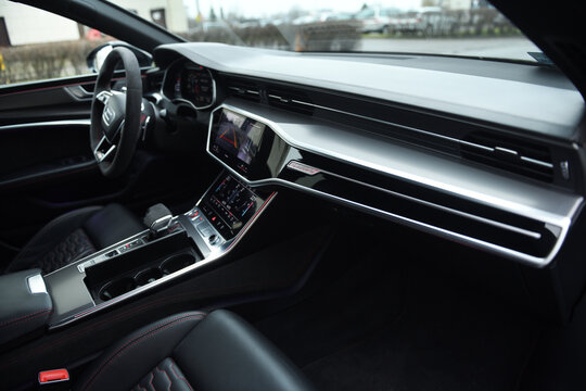 Belarus, Minsk - 24.01.2023: Interior of a premium car Audi RS 7 Sportback steering wheel and dashboard. Audi RS7 Sportback.