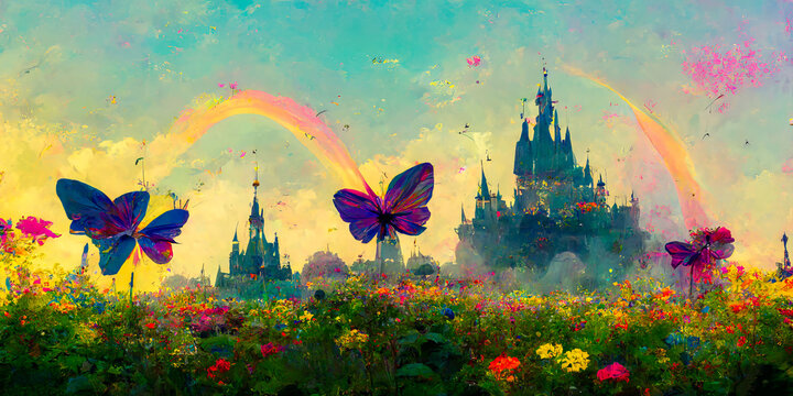 A fantastic panorama of a colorful flower garden with butterflies, rainbows and a princess castle animating the horizon. An idyllic and magical image. Generative AI