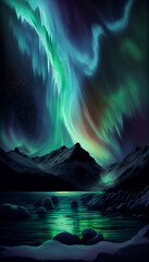 Polarlicht Aurora borealis mit See und Gebirge im 9:16 Format. Generative Ai.