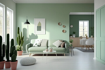 Pastel green wall with sofa & sideboard on wood floor. Generative Ai