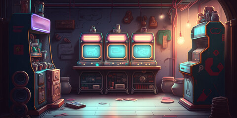 Machines in the playroom, game room, and arcade with an electric TV. Fanciful Background Illustration Realistic Concept Art Background digital painting for video games Scene Artwork for CG Serious