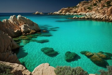 Fototapeta na wymiar On Sardegna island in the Mediterranean Sea, the water is an incredible turquoise color. Generative AI