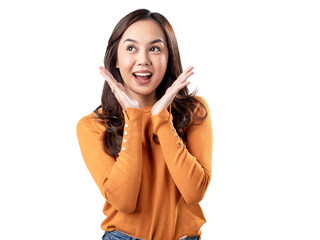 A studio portrait of a beautiful young Asian Indonesian woman wearing an orange long-sleeve shirt...