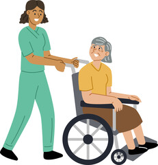 A female doctor or nurse is pushing a wheelchair for an elderly female patient.