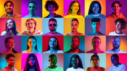 Fototapeta Human emotions. Collage of ethnically diverse people, men and women expressing different emotions over multicolored background. Team, job fair, ad concept obraz