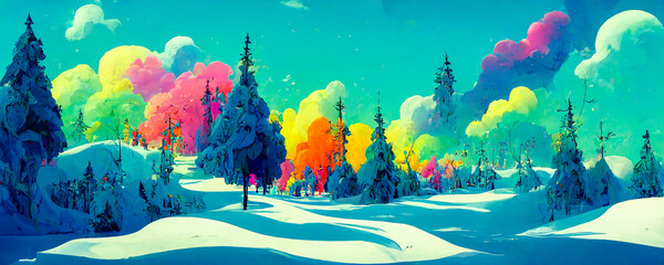 Magnificent winter panorama of a snowy forest with bright colors for a breathtaking visual result. Giving off a festive and festive atmosphere. Generative AI