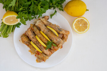 Lahana Sarma, Turkish traditional food,a boiled cabbage leaf that is formed into a roll with a stuffing of rice