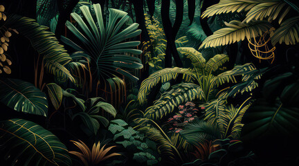Illustration of tropical jungle leaves and plants , wallpaper, Generative AI