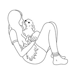 Vector isolated sitting girl holds a dog faceless portrait colorless black and white contour line easy drawing