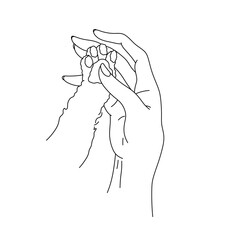 Vector isolated one single human hand holds cat paw with pads  colorless black and white contour line easy drawing