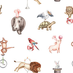 Watercolor seamless pattern. Circus animal illustrations. Hand painted. Retro show, lion, pig, hippo, monkey, pelican. For invite, textile, print, wallpaper, cards, wrapper.