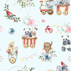 Watercolor vintage circus seamless pattern. Cute animal illustrations. Hand painted. Retro show, elephant, panda, llama, balloons, train. For kids invite, textile, print, wallpaper, cards, wrapper © Victoria Pak