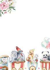 Watercolor kids train with cute animals and flowers. Vintage style. Isolated on white background. Railway transportation. Retro baby print. Design template for birthday party invite, banner, card.