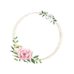 Golden round frame with green leaves and flowers Hand drawn botanical watercolor illustration on white background. Design template element. Vintage frame logo